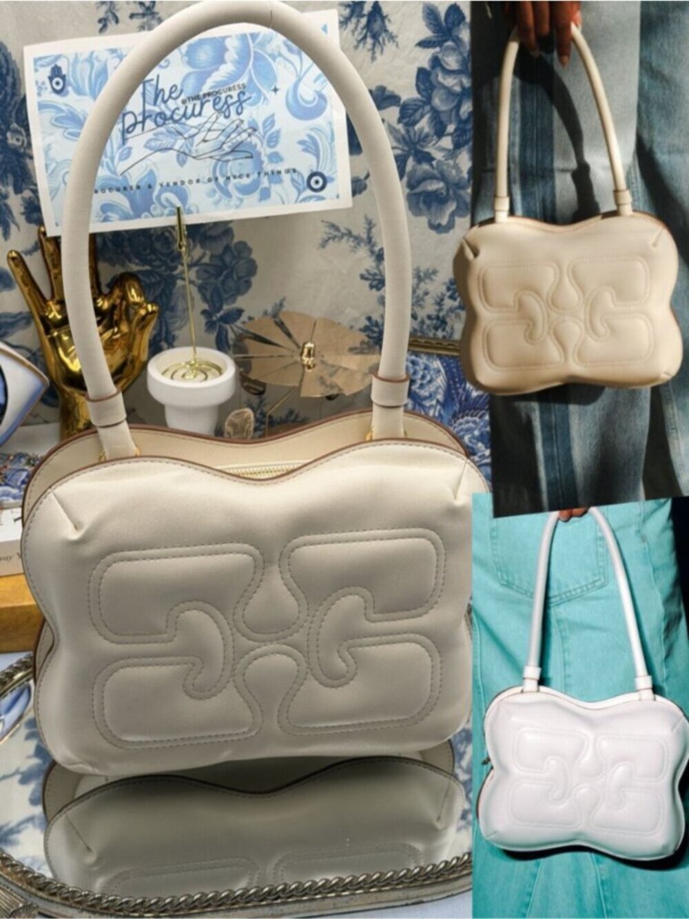 🆕 GANNI 🧿 NWOT Butterfly Shoulder Bag, Embroidered Logo - Off White